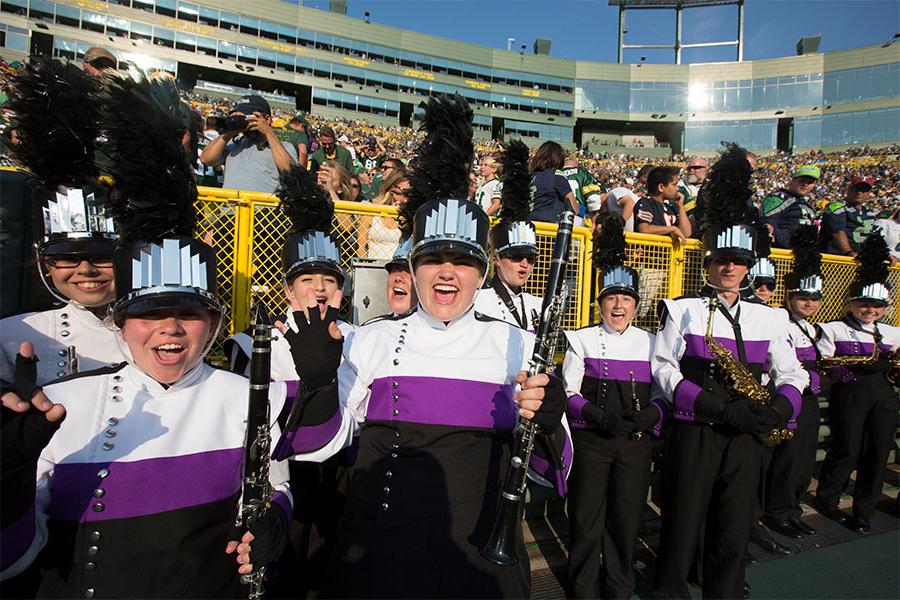 The 足彩平台 Marching Band and Color Guard perform during a Packers game at Lambeau Field in Green Bay, Wisconsin.