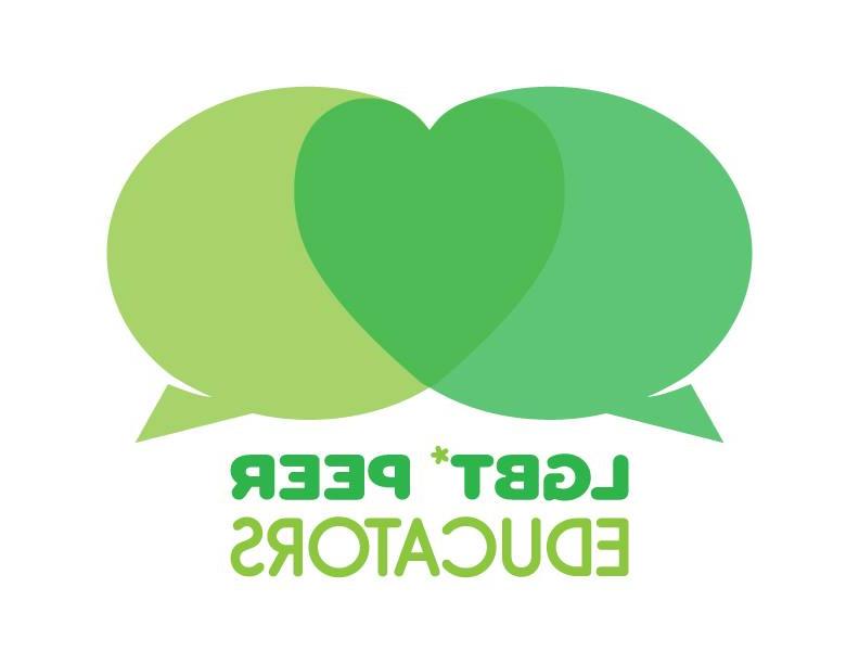 Two green hearts that overlap in the background. The words LGBTQ Peer Educators appears in the foreground. 