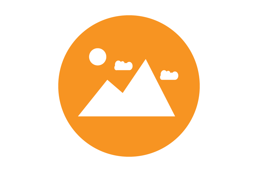 Icon of a mountain, clouds and sun on an orange background.