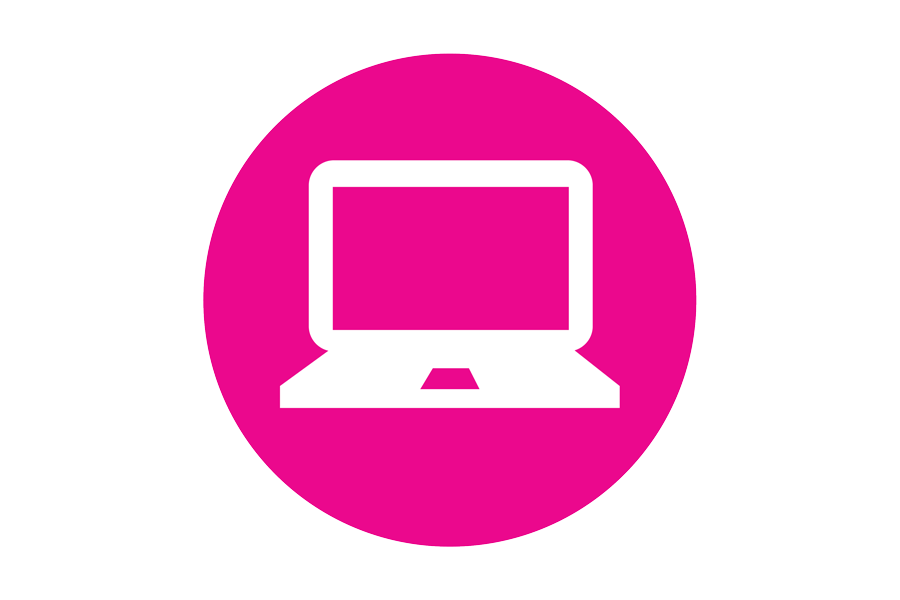 Icon of a white laptop on a pink background.