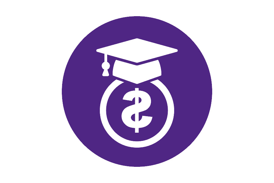 purple circular icon with a graduation cap and a dollar sign under it