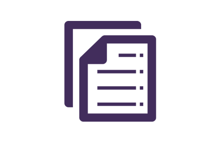 Purple icon of papers stacked on top of each other with writing on one of them