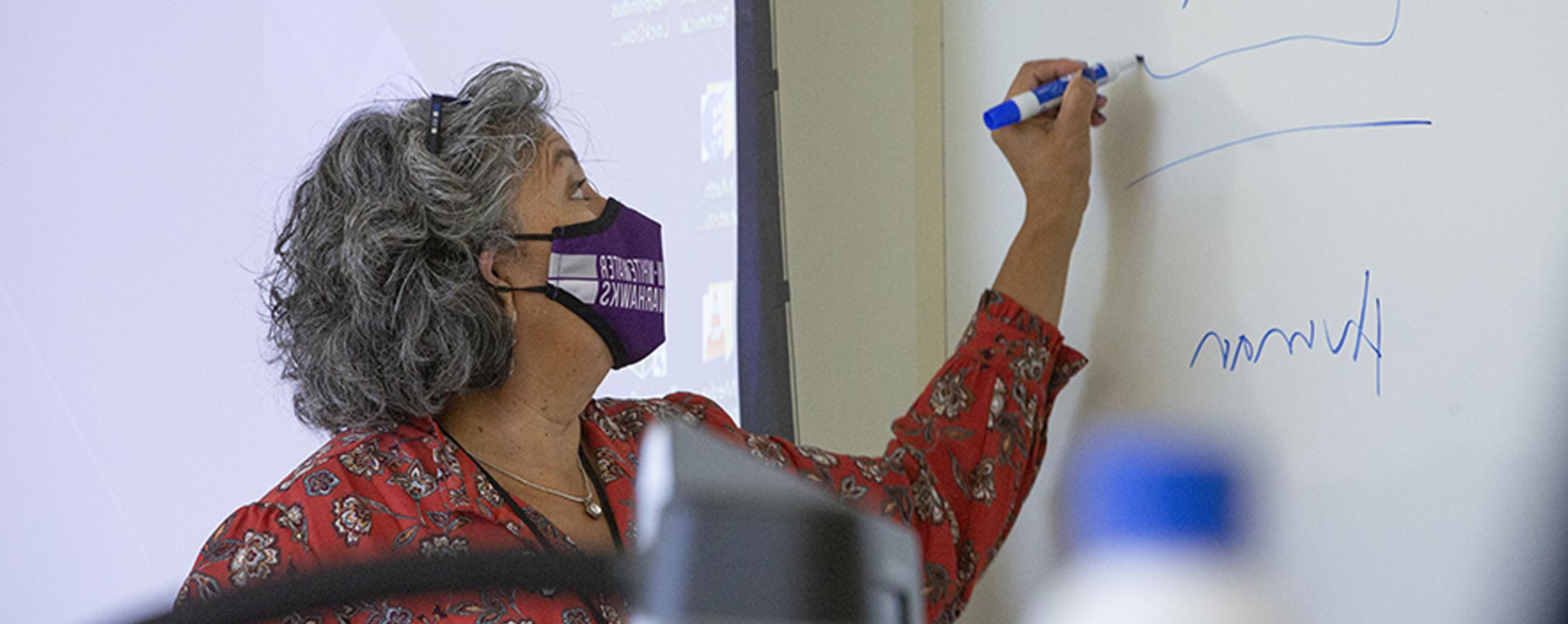 Pilar Melero writes on a whiteboard.